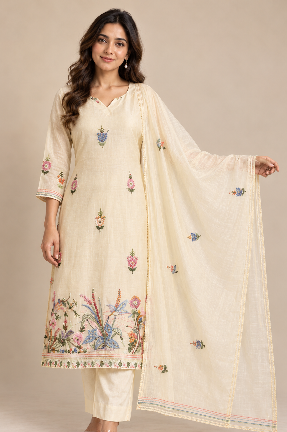 A woman modeling a cream-colored traditional Indian salwar kameez suit with colorful floral embroidery, paired with matching trousers and a sheer embroidered dupatta, set against a solid beige background.