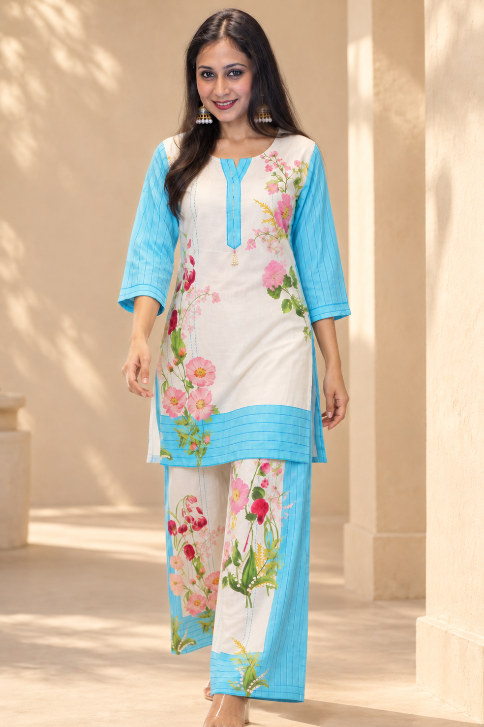 A woman modeling a traditional Indian three-piece salwar kameez set. The set features a cream-colored kurta with light blue sleeves and hem, decorated with pink and green floral prints, paired with matching light blue trousers.