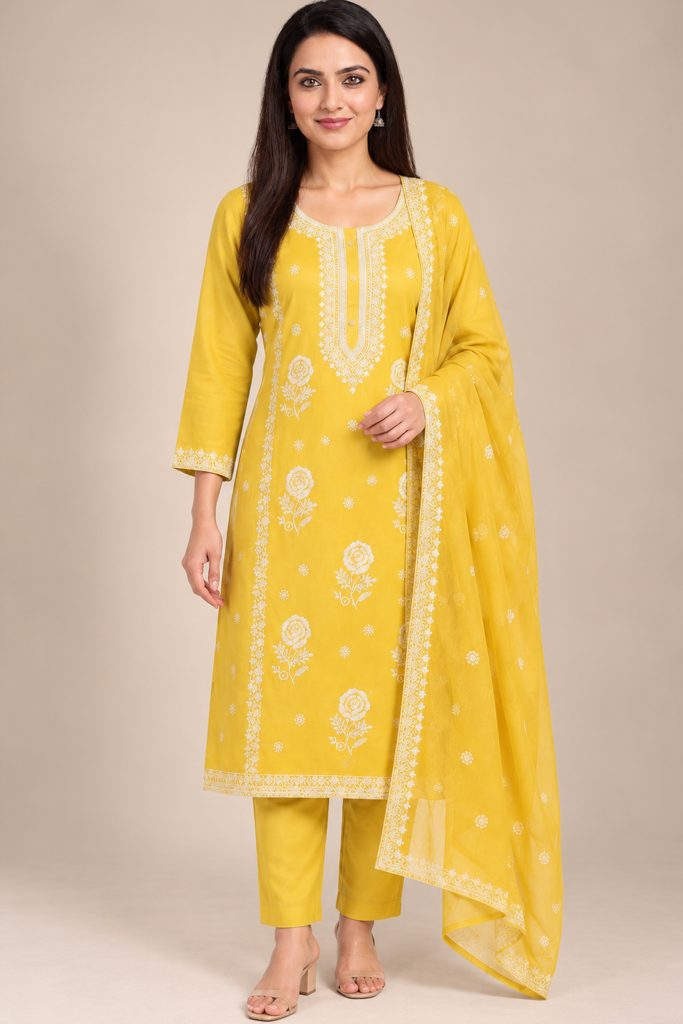 A woman modeling a yellow three-piece traditional outfit with white floral embroidery, consisting of a kurta, matching trousers, and a draped dupatta, set against a plain beige studio background.