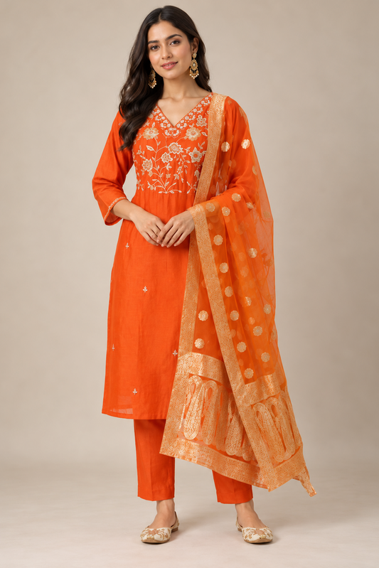 A woman models a bright orange traditional Indian outfit consisting of a kurta with floral embroidery, matching pants, and a sheer dupatta with gold polka dots and a zari border, set against a plain beige studio background.