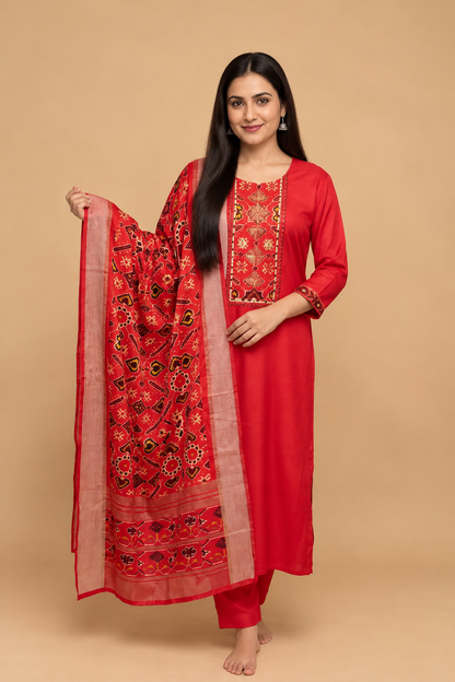 A woman modeling a red Indian ethnic suit set consisting of a kurta with gold and multicolor embroidery, matching pants, and a heavily embroidered red dupatta, set against a solid beige background.