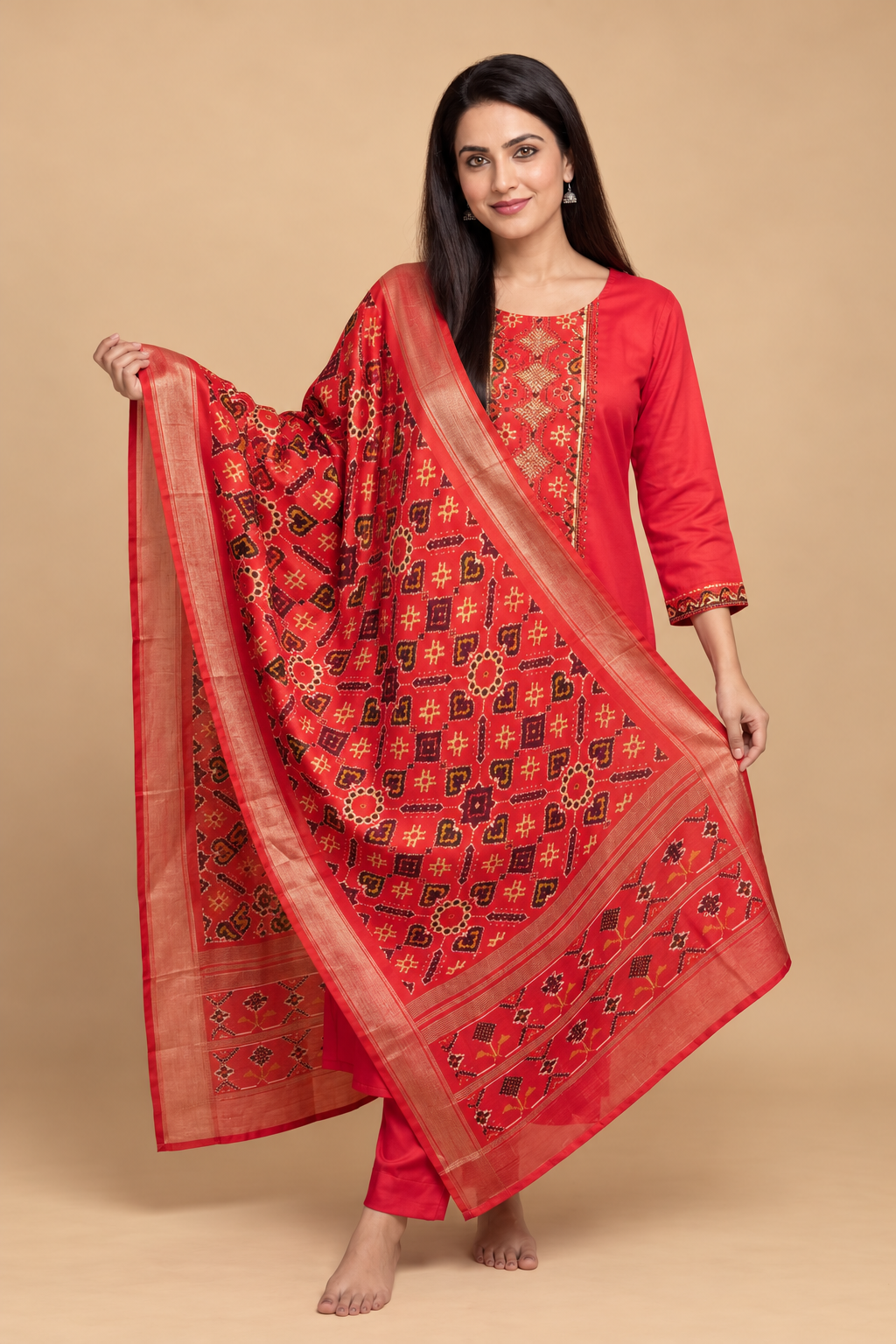 A woman modeling a red Indian ethnic salwar kameez suit with a matching printed dupatta, set against a solid beige studio background.
