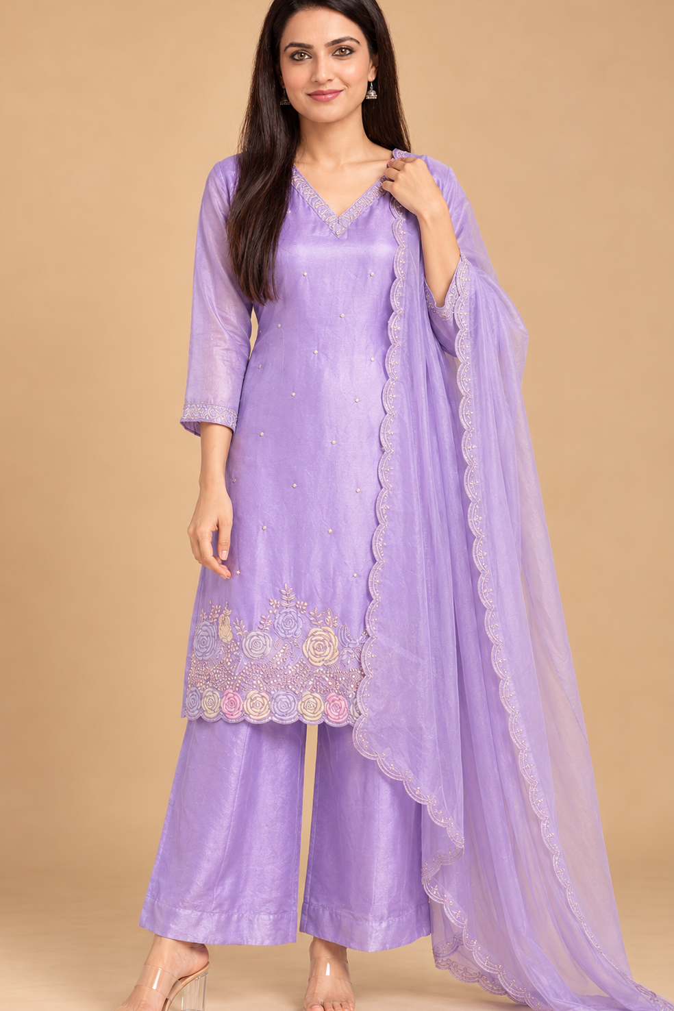 A woman modeling a lavender purple traditional Indian outfit, featuring a kurta with floral embroidery near the hem, matching wide-leg pants, and a sheer dupatta, set against a solid beige background.