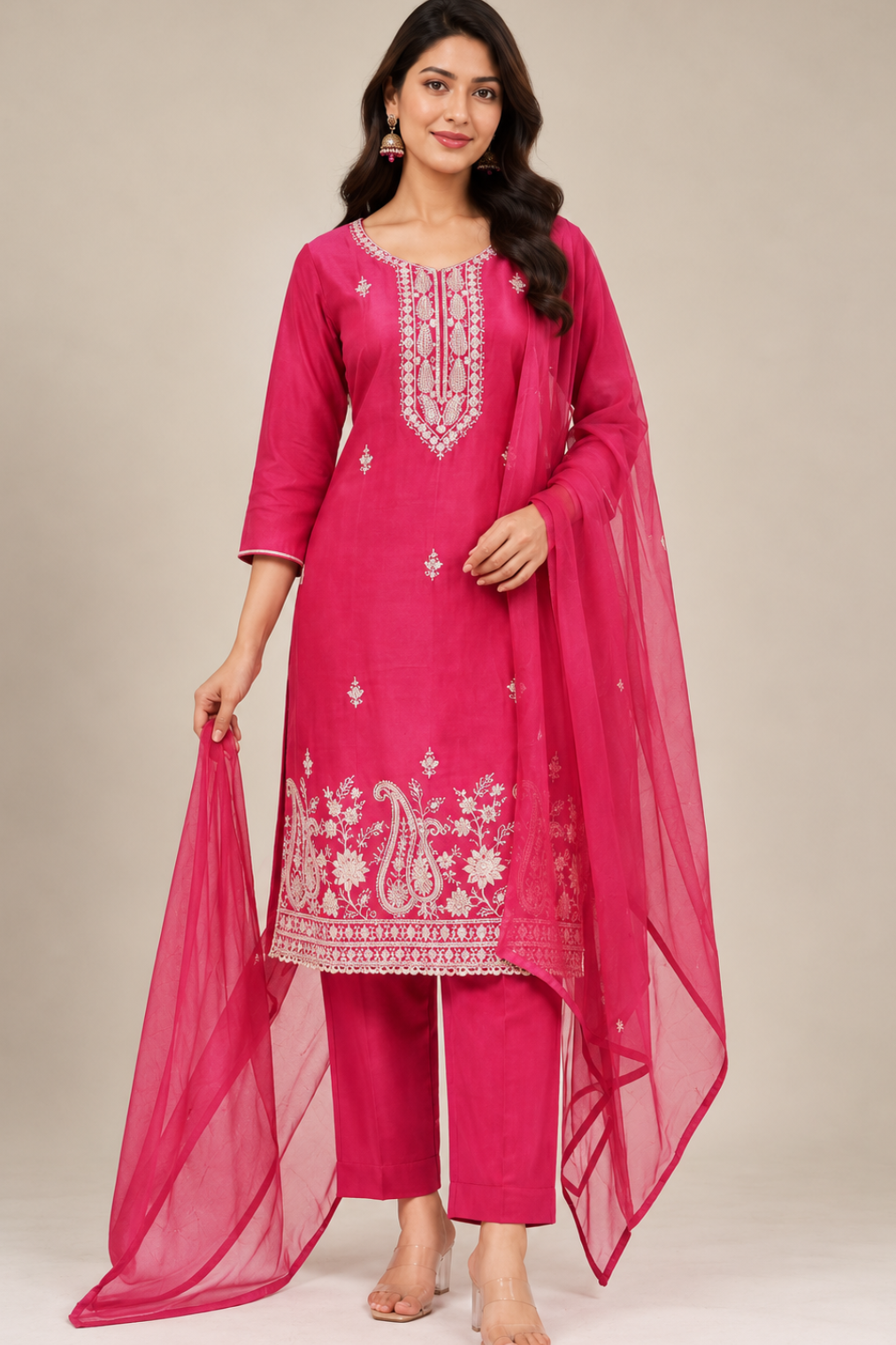A woman modeling a bright pink traditional Indian salwar kameez suit with white embroidery, matching trousers, and a sheer pink dupatta, set against a plain beige studio background.