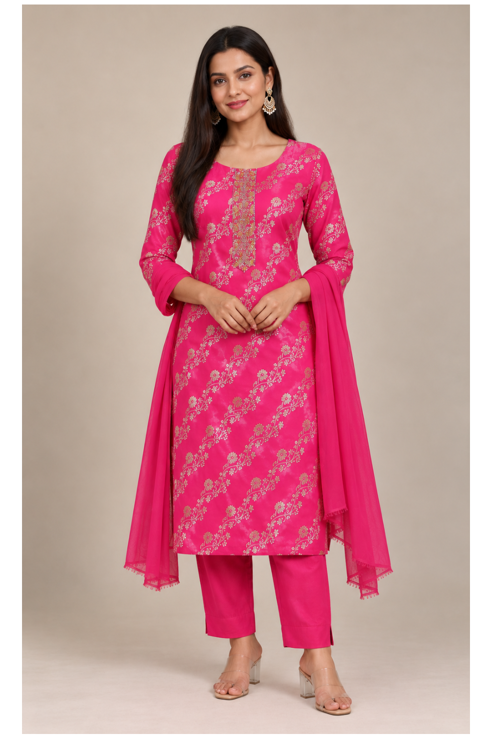 A woman modeling a bright pink traditional Indian salwar kameez suit with floral embroidery, matching trousers, and a sheer dupatta, set against a plain beige studio background.