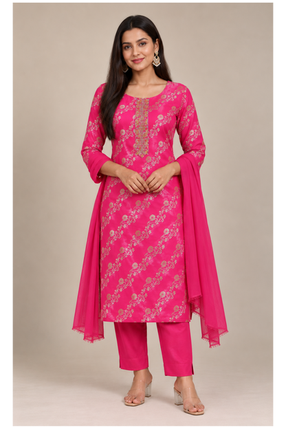 A woman modeling a bright pink traditional Indian salwar kameez suit with floral embroidery, matching trousers, and a sheer dupatta, set against a plain beige studio background.