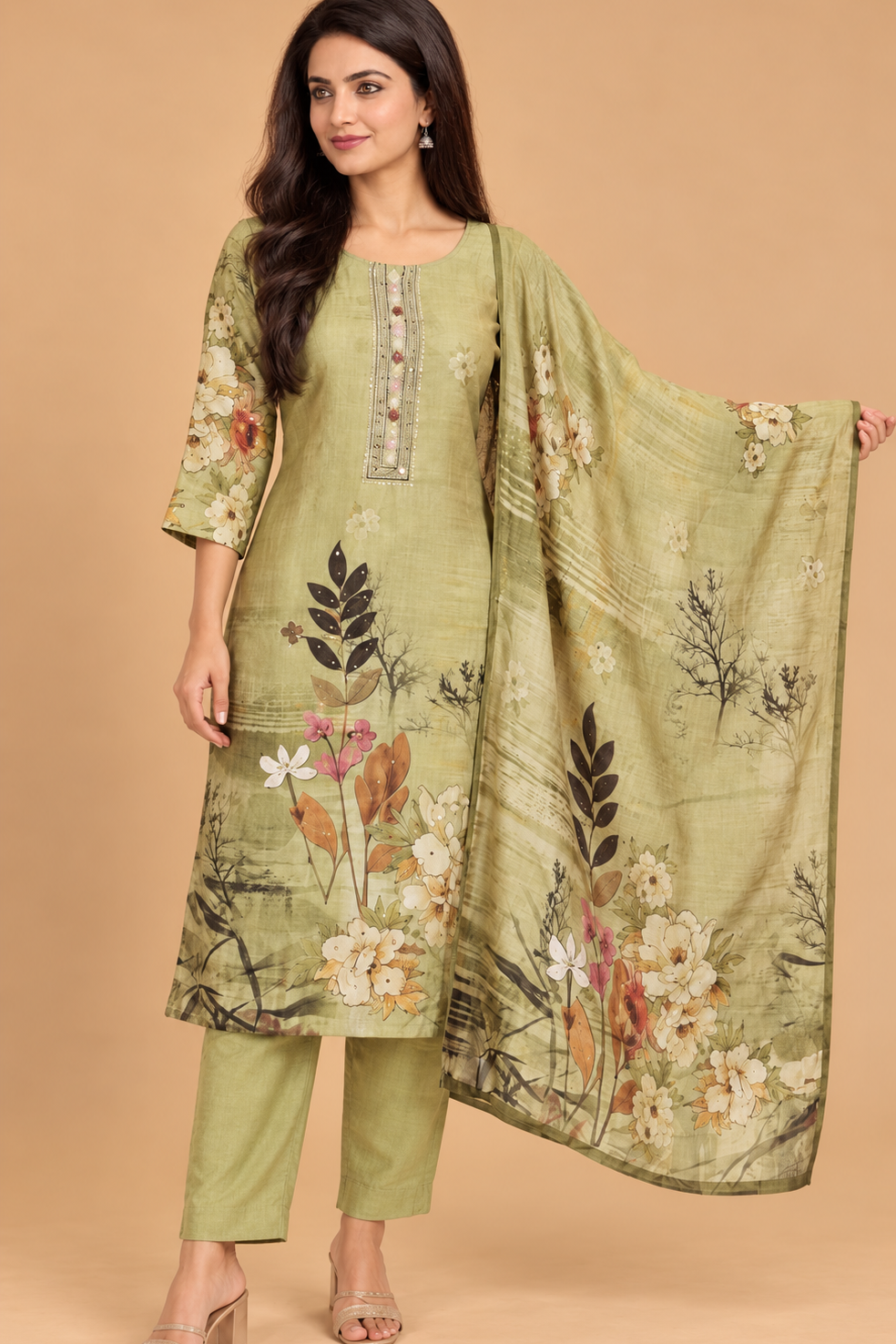 A woman models a traditional Indian salwar kameez set in sage green, featuring a printed floral and botanical design on the kurta and dupatta, paired with matching trousers, against a solid beige background.