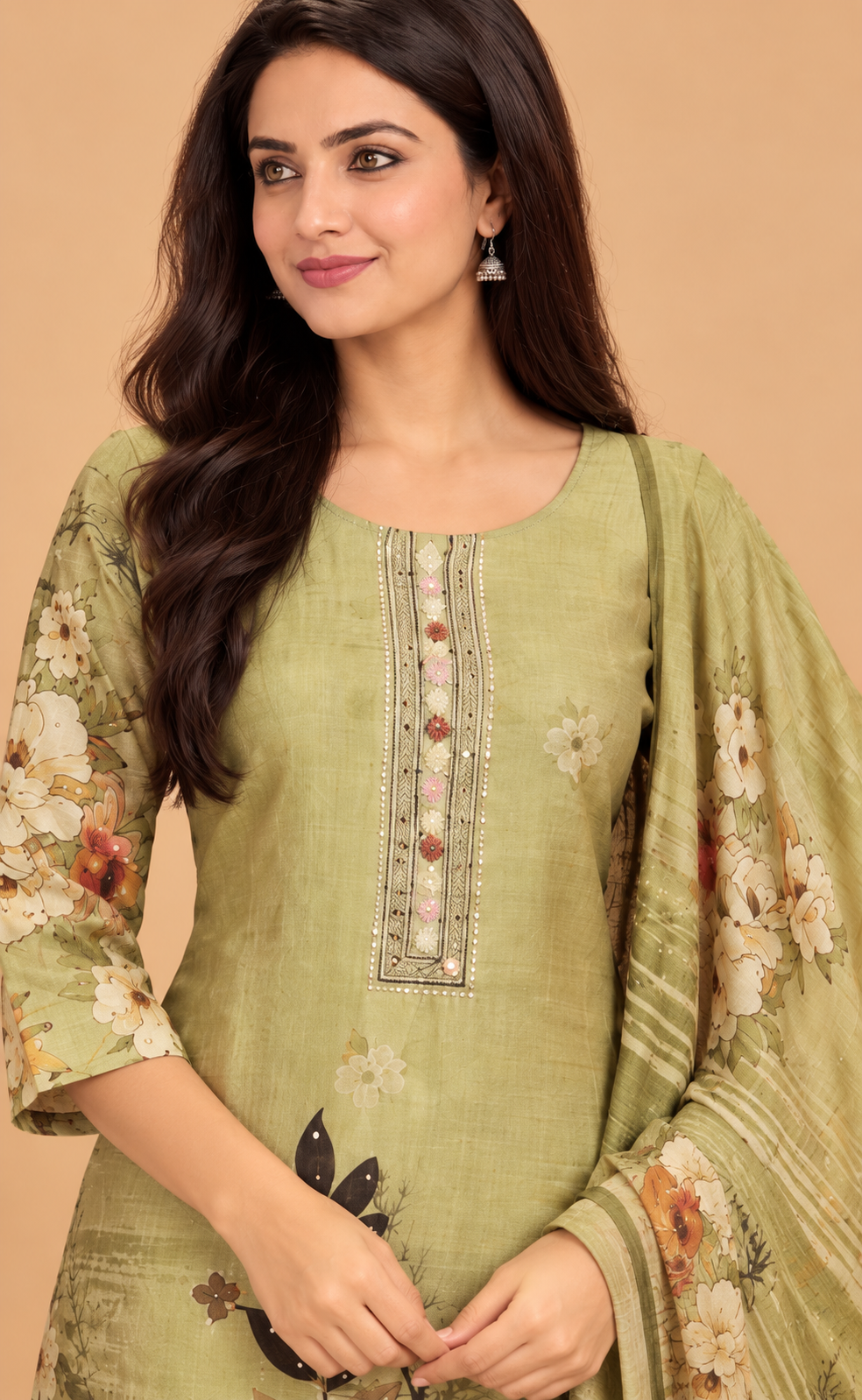 A woman wearing a light olive green salwar kameez suit with floral printed sleeves and a matching dupatta, set against a solid beige background.