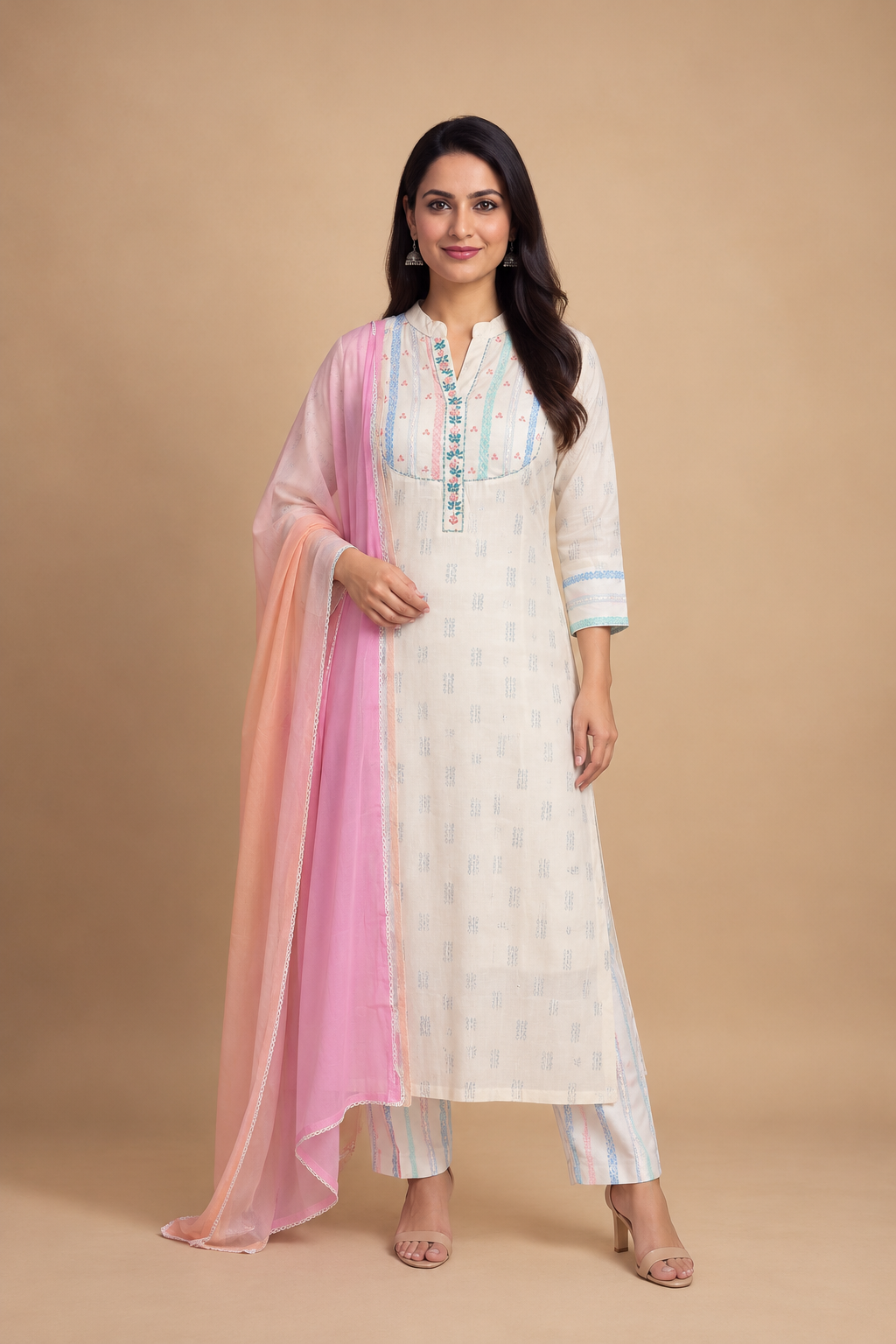 A woman modeling a traditional Indian outfit consisting of a white kurta with light blue and pink embroidery, matching striped pants, and a sheer pink dupatta, set against a solid beige studio background.