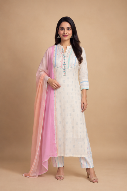 A woman modeling a traditional Indian outfit consisting of a white kurta with light blue and pink embroidery, matching striped pants, and a sheer pink dupatta, set against a solid beige studio background.