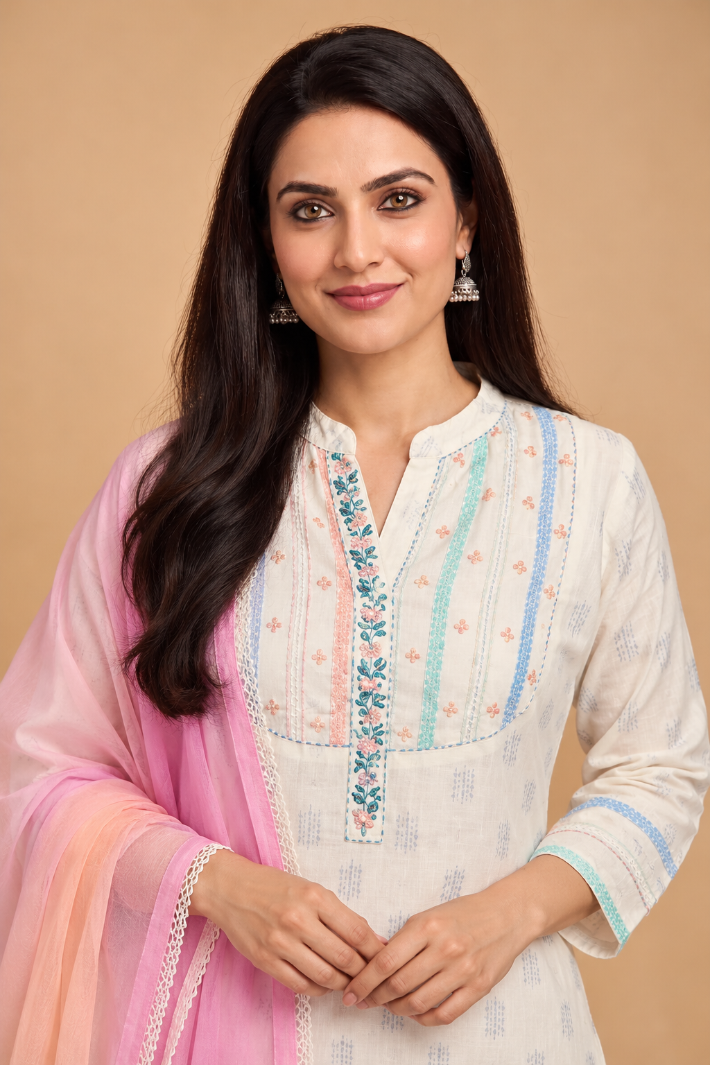 A woman modeling a traditional Indian outfit featuring a cream-colored kurta with pastel blue and pink vertical stripes and floral embroidery on the neckline, paired with a light pink dupatta, set against a solid beige background.